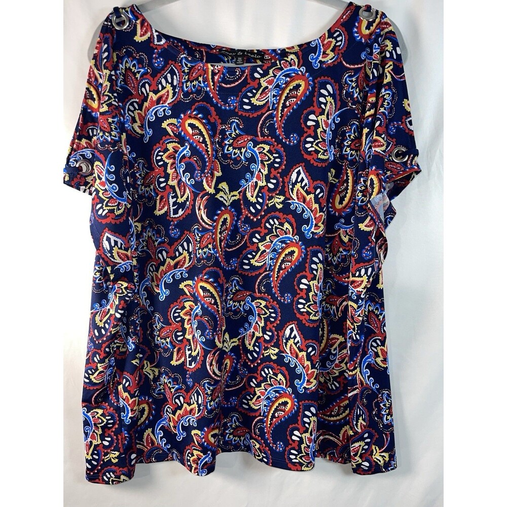 Zoey & Leelo Women’s Shirt Bright Multicolor Paisley Cold Shoulder Size 3X